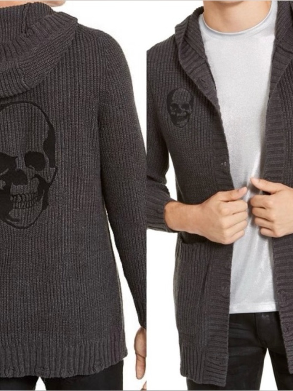 INC SKULL HOODED LONG CARDIGAN Distressed